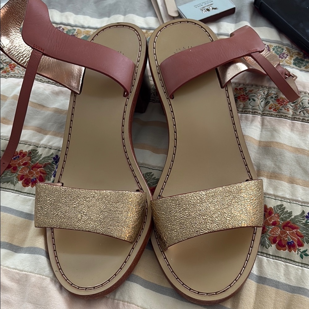 Anthropologie Gold and Pink Sandals with Two-Strap Design